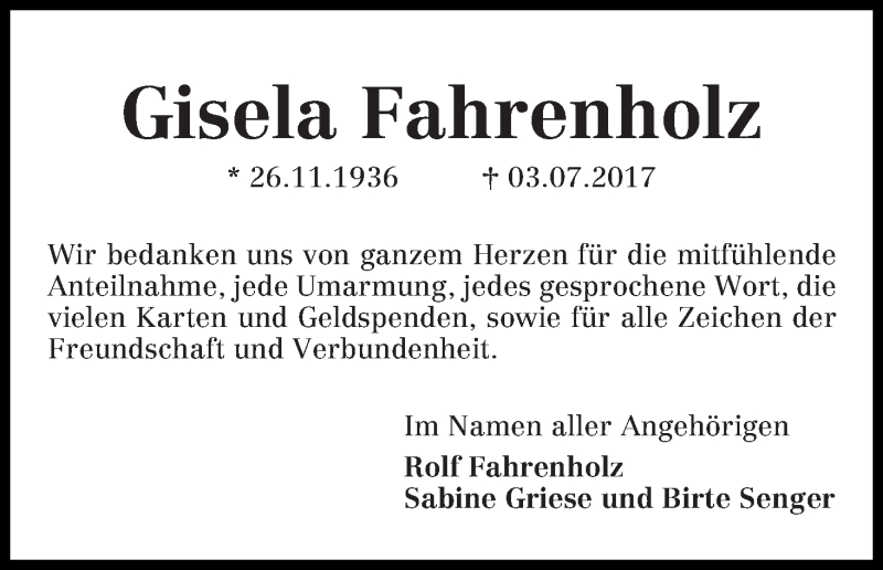 Traueranzeige von Gisela Fahrenholz von WESER-KURIER