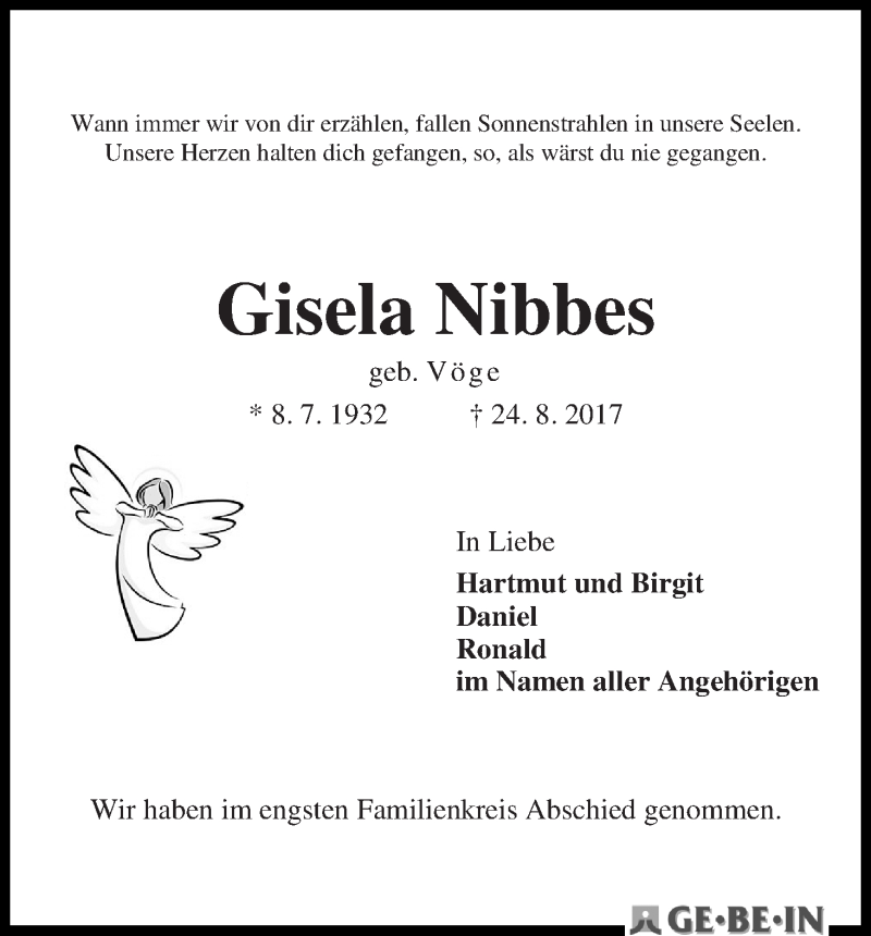 Traueranzeige von Gisela Nibbes von WESER-KURIER
