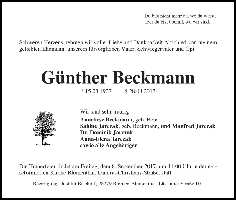 Traueranzeige von Günther Beckmann von Die Norddeutsche
