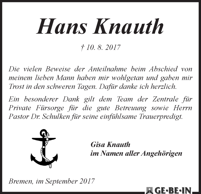 Traueranzeige von Hans Knauth von WESER-KURIER