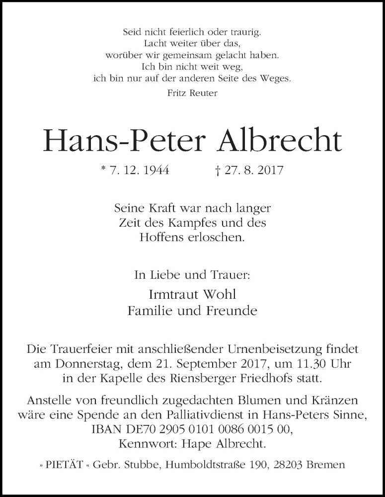 Traueranzeige von Hans-Peter Albrecht von WESER-KURIER