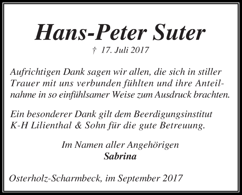 Traueranzeige von Hans-Peter Suter von Osterholzer Kreisblatt