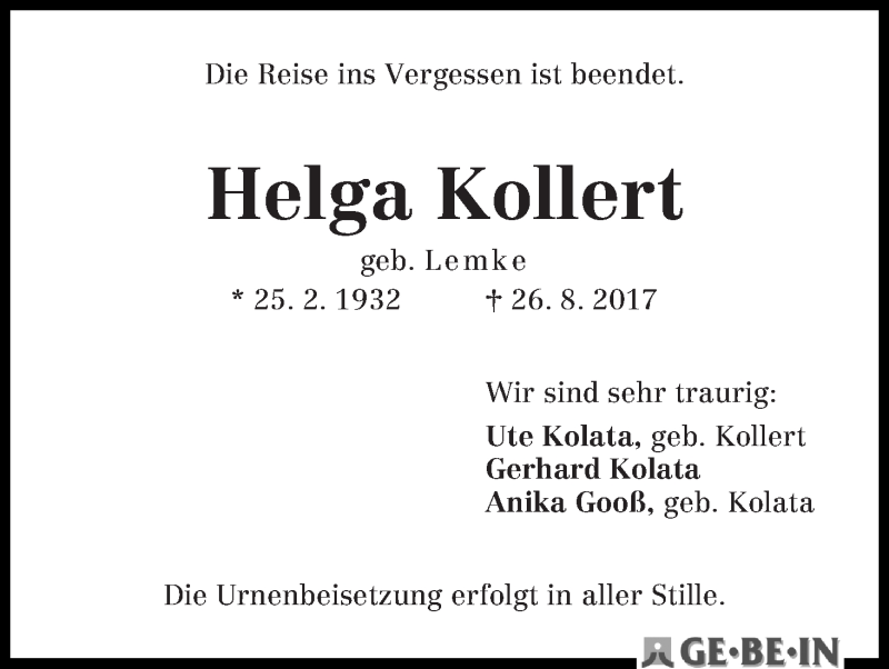 Traueranzeige von Helga Kollert von WESER-KURIER