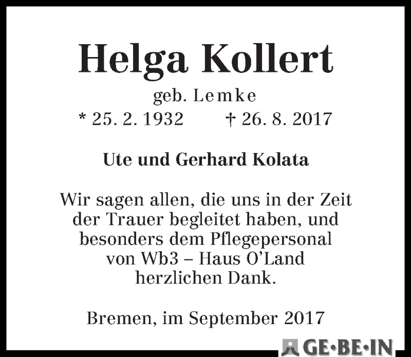 Traueranzeige von Helga Kollert von WESER-KURIER
