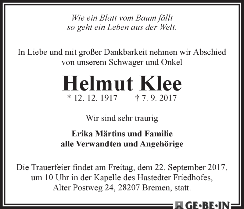Traueranzeige von Helmut Klee von WESER-KURIER