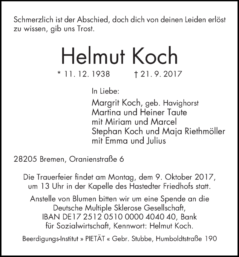 Traueranzeige von Helmut Koch von WESER-KURIER