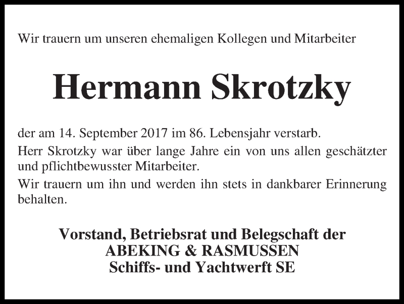 Traueranzeige von Hermann Skrotzky von Die Norddeutsche