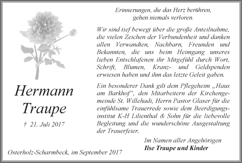 Traueranzeige von Hermann Traube von Osterholzer Kreisblatt