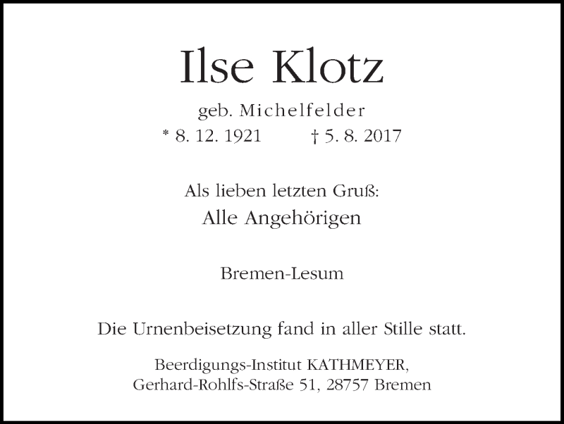 Traueranzeige von Ilse Klotz von Die Norddeutsche