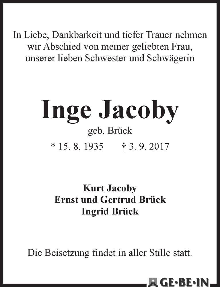 Traueranzeige von Inge Jacoby von WESER-KURIER