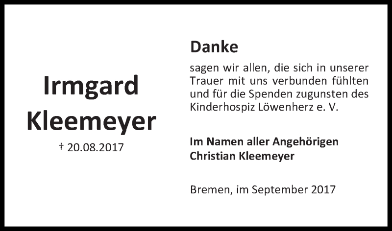 Traueranzeige von Irmgard Kleemeyer von WESER-KURIER