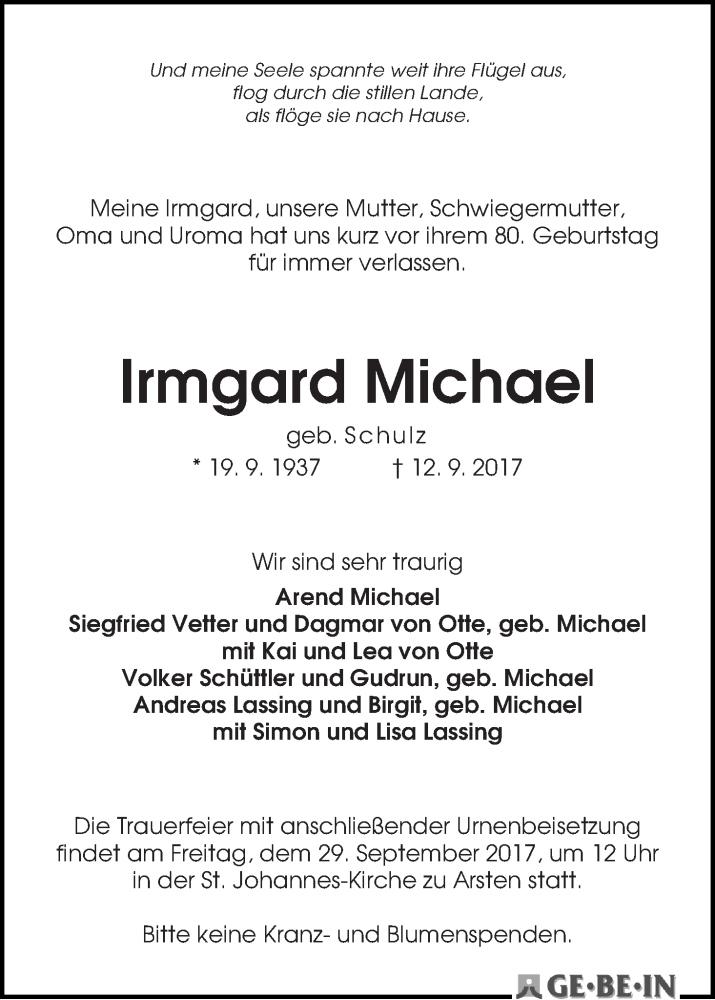 Traueranzeige von Irmgard Michael von WESER-KURIER