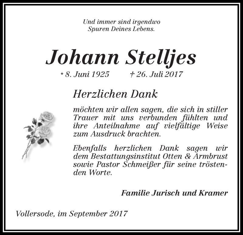 Traueranzeige von Johann Stelljes von Osterholzer Kreisblatt