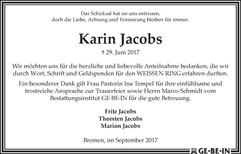 Traueranzeige von Karin Jacobs von WESER-KURIER
