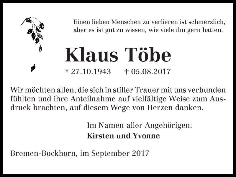 Traueranzeige von Klaus Töbe von Die Norddeutsche