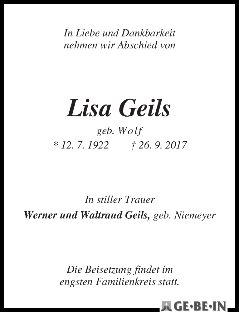 Traueranzeige von Lisa Geils von WESER-KURIER