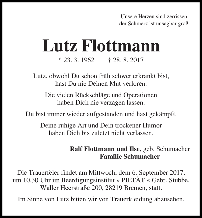 Traueranzeige von Lutz Flottmann von WESER-KURIER