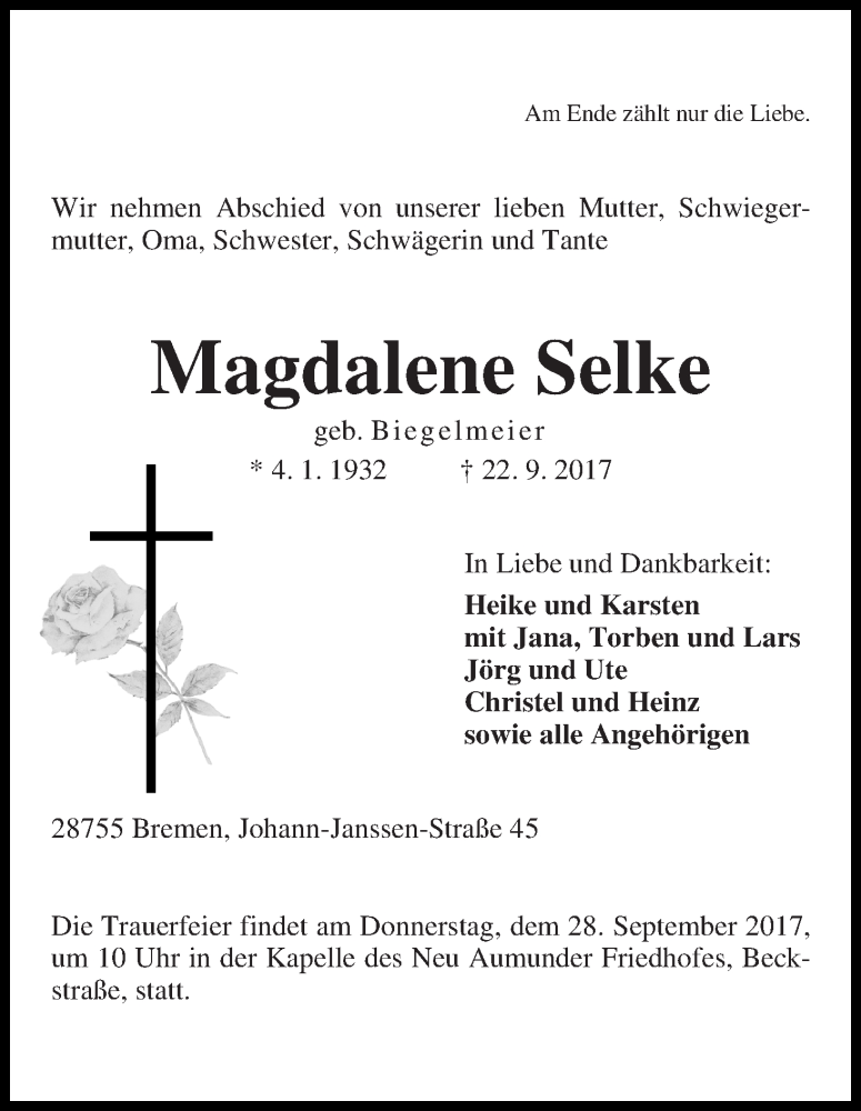 Traueranzeige von Magdalene Selke von Die Norddeutsche