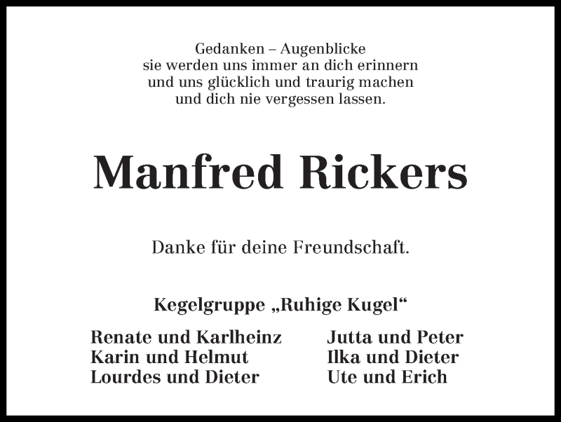 Traueranzeige von Manfred Rickers von WESER-KURIER