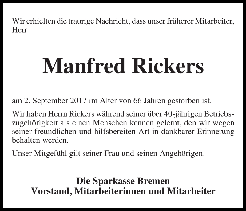 Traueranzeige von Manfred Rickers von WESER-KURIER