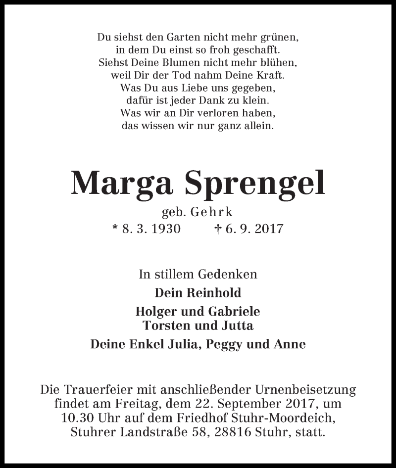 Traueranzeige von Marga Sprengel von WESER-KURIER
