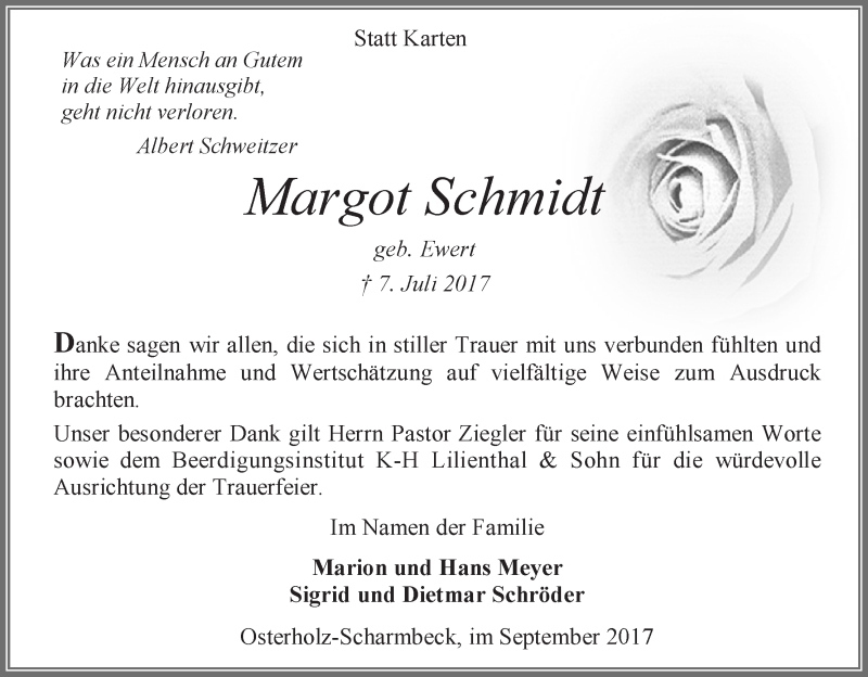 Traueranzeige von Margot Schmidt von Osterholzer Kreisblatt