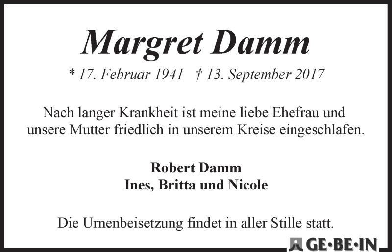 Traueranzeige von Margret Damm von WESER-KURIER