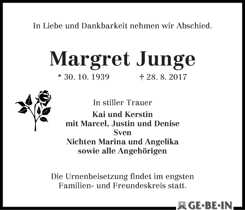 Traueranzeige von Margret Junge von WESER-KURIER