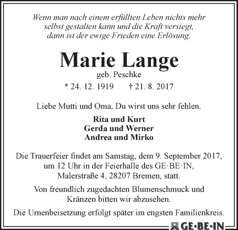Traueranzeige von Marie Lange von WESER-KURIER