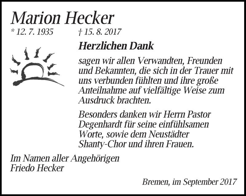 Traueranzeige von Marion Hecker von WESER-KURIER