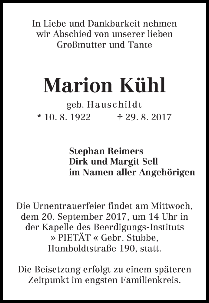 Traueranzeige von Marion Kühl von WESER-KURIER