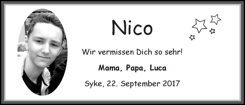 Traueranzeige von Nico Brüggemann von Regionale Rundschau/Syker Kurier