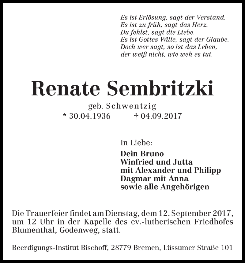 Traueranzeige von Renate Sembritzki von Die Norddeutsche