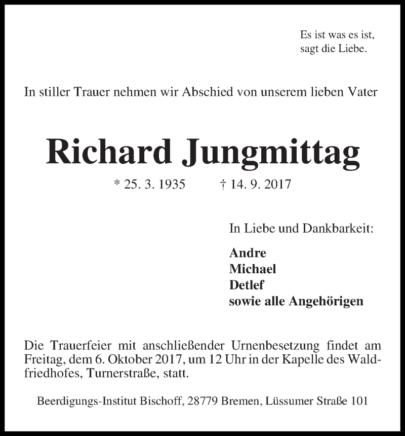 Traueranzeige von Richard Jungmittag von Die Norddeutsche