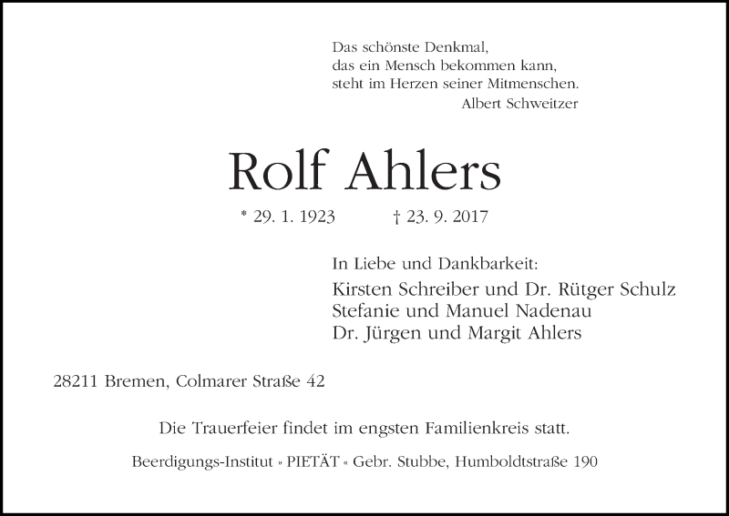 Traueranzeige von Rolf Ahlers von WESER-KURIER