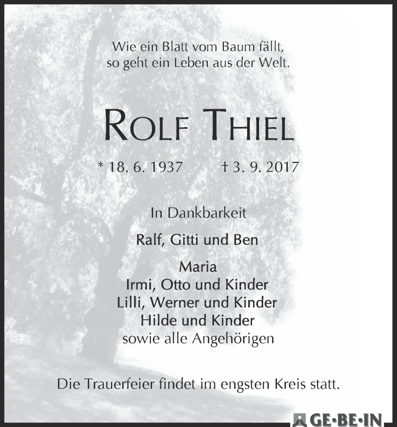 Traueranzeige von Rolf Thiel von WESER-KURIER