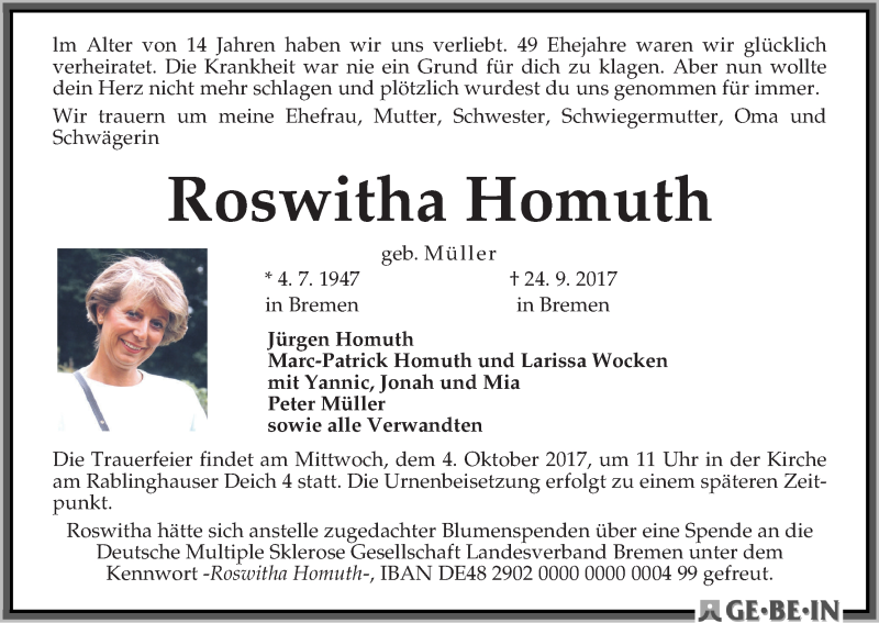 Traueranzeige von Roswitha Homuth von WESER-KURIER