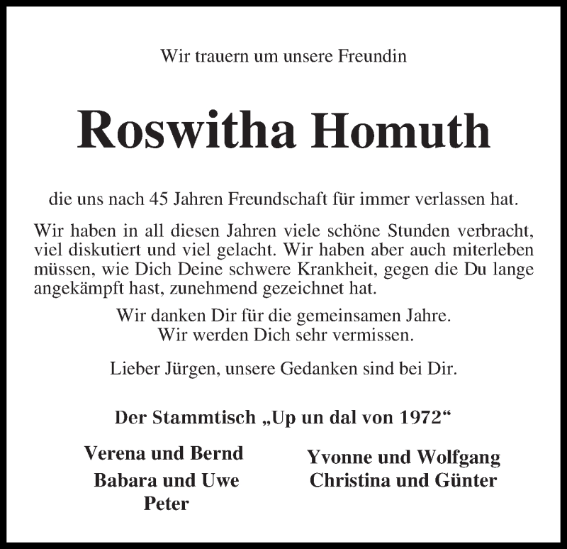 Traueranzeige von Roswitha Homuth von WESER-KURIER