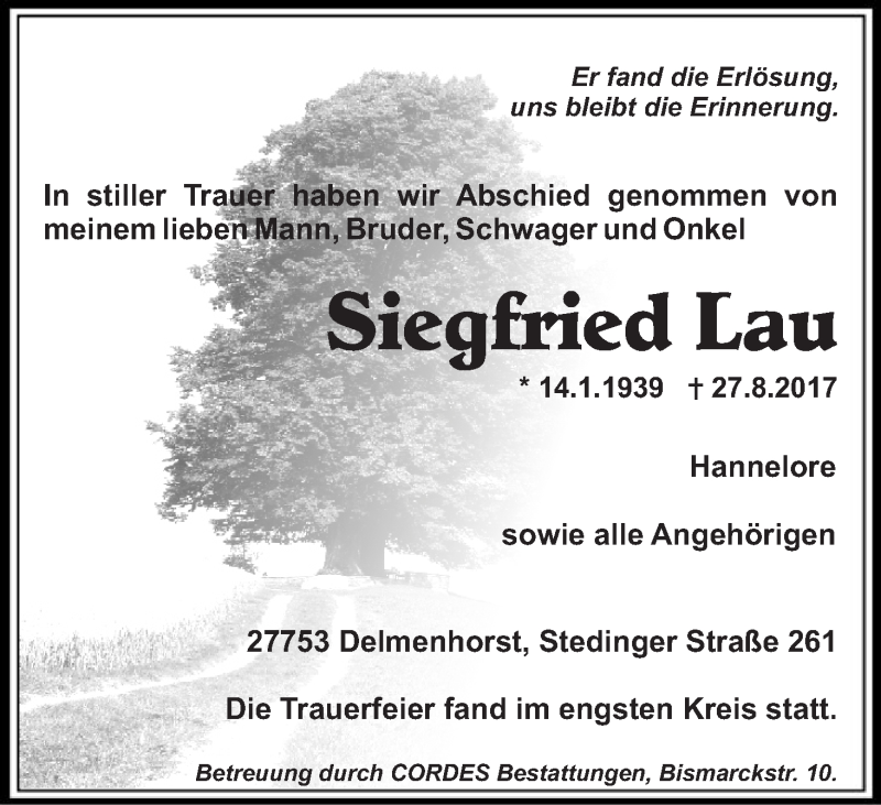 Traueranzeige von Siegfried Lau von WESER-KURIER