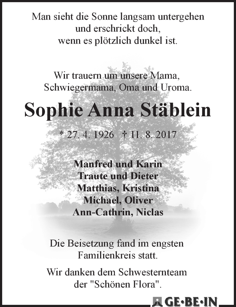 Traueranzeige von Sophie Anna Stäblein von WESER-KURIER