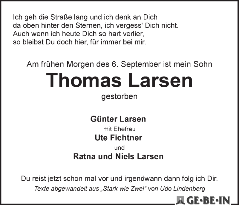 Traueranzeige von Thomas Larsen von WESER-KURIER