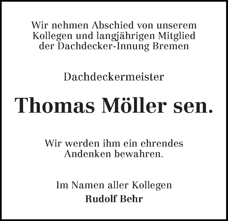 Traueranzeige von Thomas Möller von WESER-KURIER