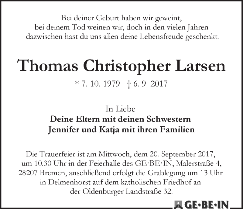 Traueranzeige von Thomas Christopher Larsen von WESER-KURIER