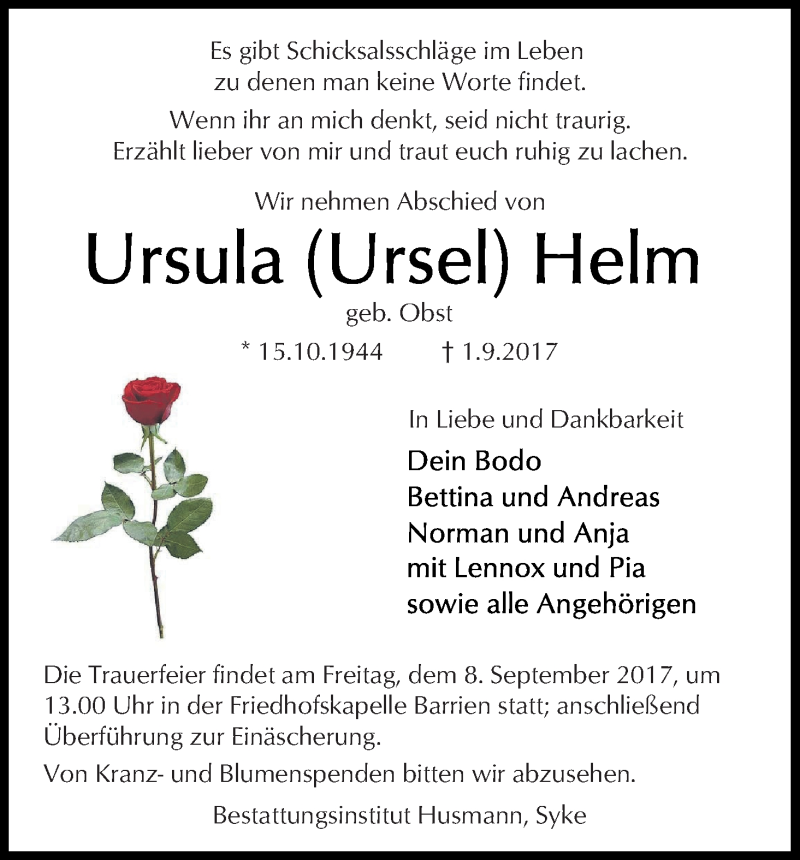 Traueranzeige von Ursula (Ursel) Helm von Regionale Rundschau/Syker Kurier