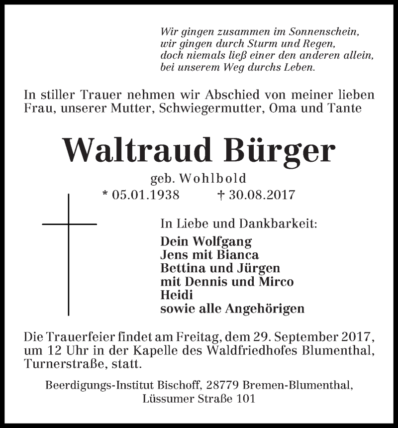 Traueranzeige von Waltraud Bürger von Die Norddeutsche