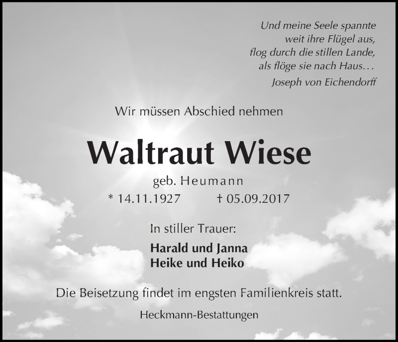 Traueranzeige von Waltraut Wiese von Die Norddeutsche