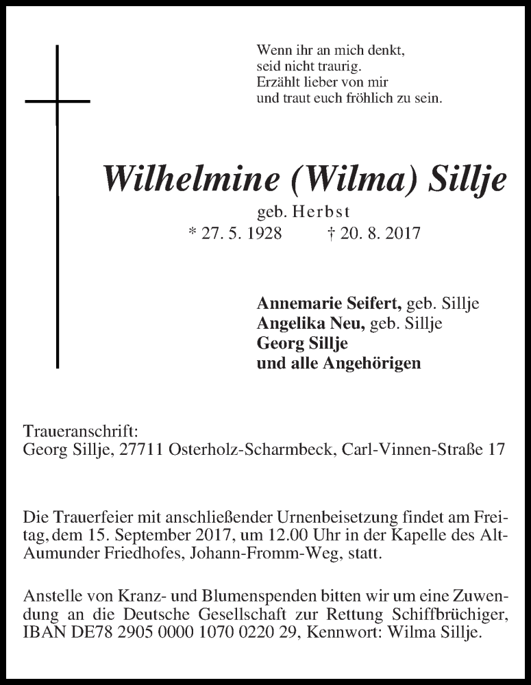 Traueranzeige von Wilhelmine (Wilma) Sillje von Die Norddeutsche