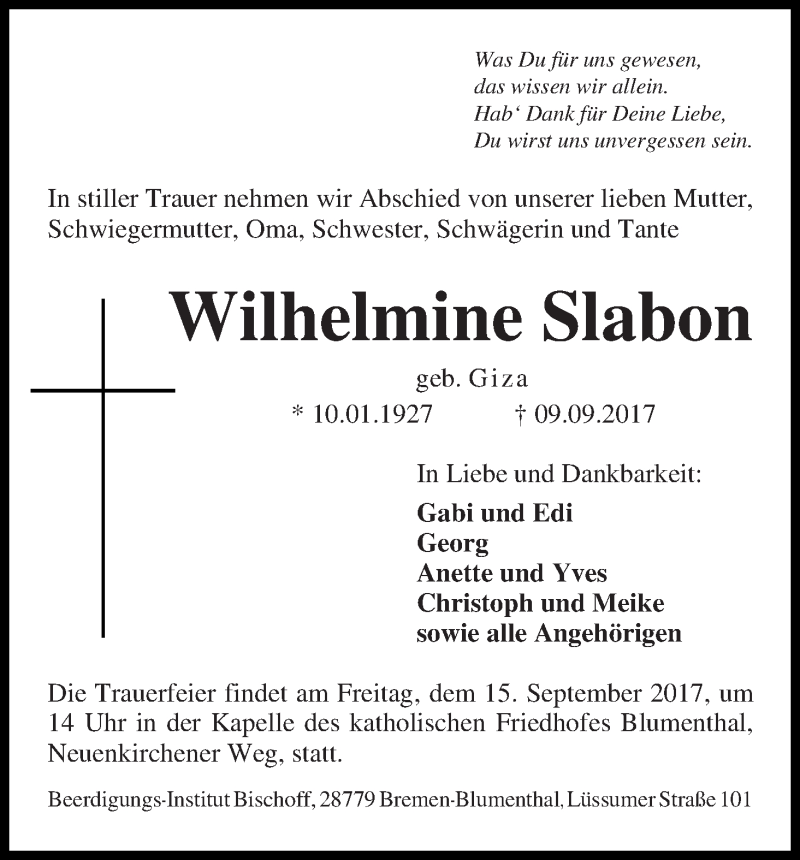 Traueranzeige von Wilhelmine Slabon von Die Norddeutsche
