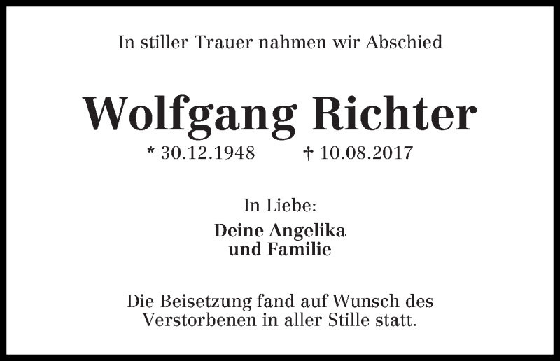 Traueranzeige von Wolfgang Richter von Die Norddeutsche