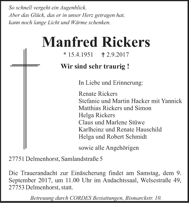 Traueranzeige von Manfred Rickers von WESER-KURIER